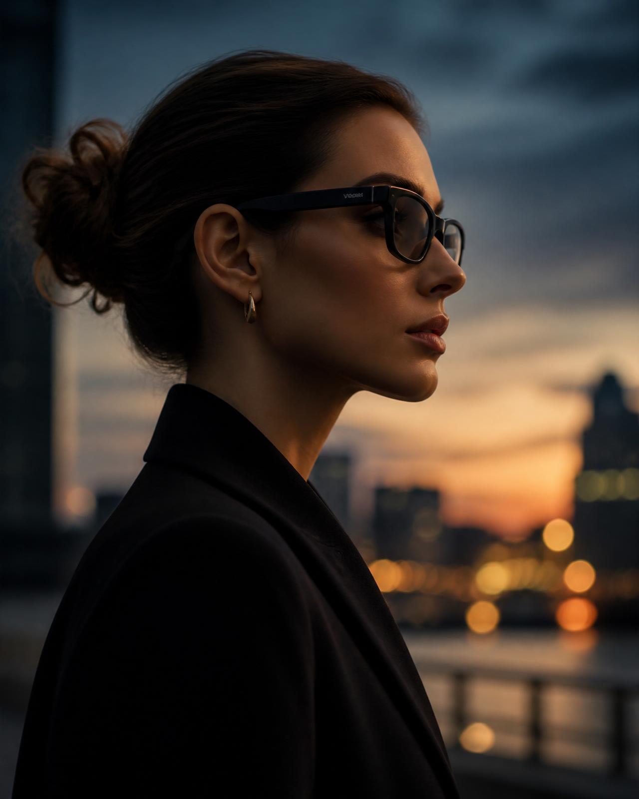 Person wearing Meta Ray-Ban Display in twilight